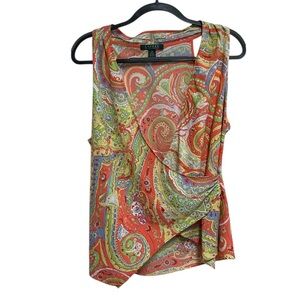 Ralph Lauren Surplice Top Blouse Size 16 Faux Wrap Paisley Sleeveless